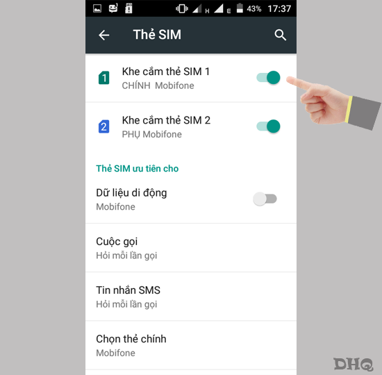 Chọn bật hoặc tắt Sim bạn muốn